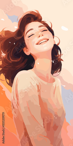 An illustration depicts a happy girl laughing with her eyes closed, her hair flowing freely in the breeze, radiating a sense of joy and carefree spirit.