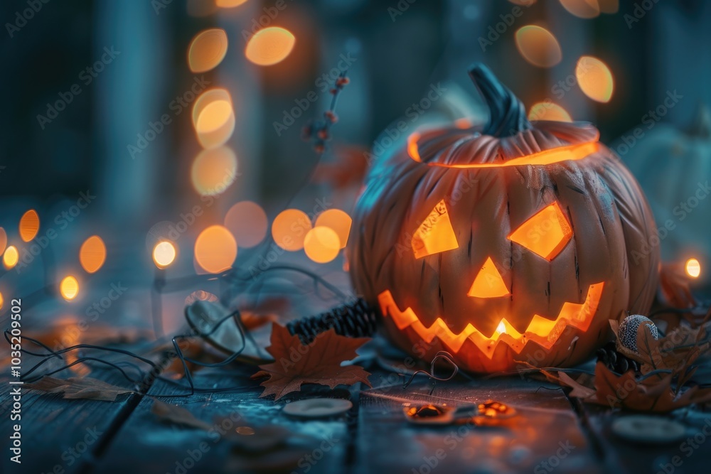 A single lighted pumpkin sits atop a rustic wooden table, perfect for autumnal or Halloween-themed designs