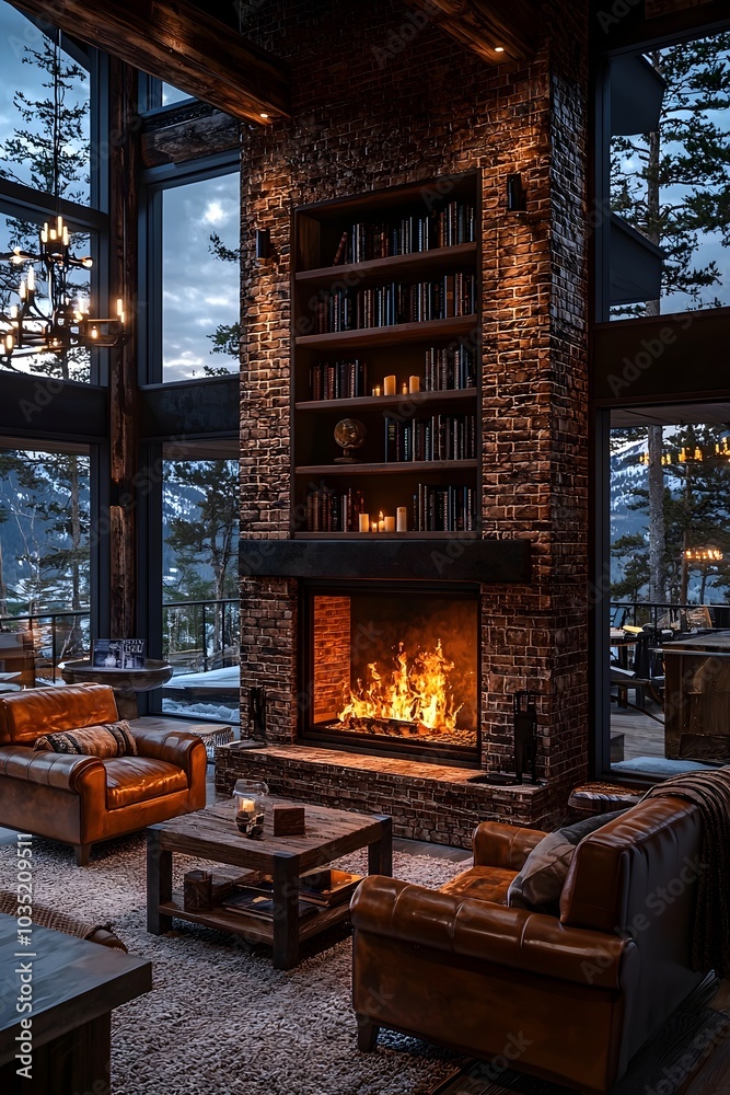 Cozy living room with a fireplace and leather armchairs, perfect for relaxing on a cold winter evening. Cozy living room with a fireplace and leather armchairs, perfect for relaxing on a cold winter evening.