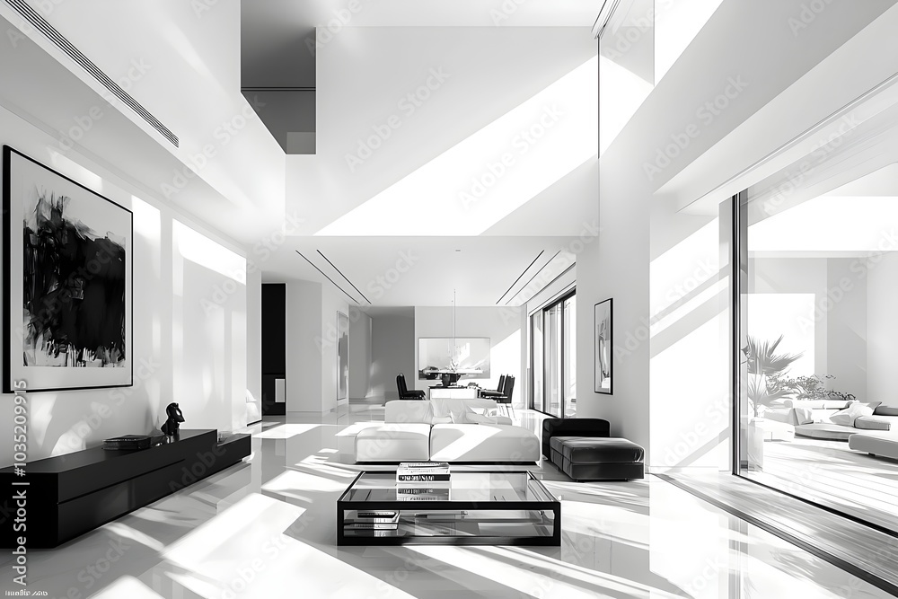 A minimalist living room with white walls and sleek furniture, bathed in natural light streaming through large windows. A minimalist living room with white walls and sleek furniture, bathed in natural light streaming through large windows.