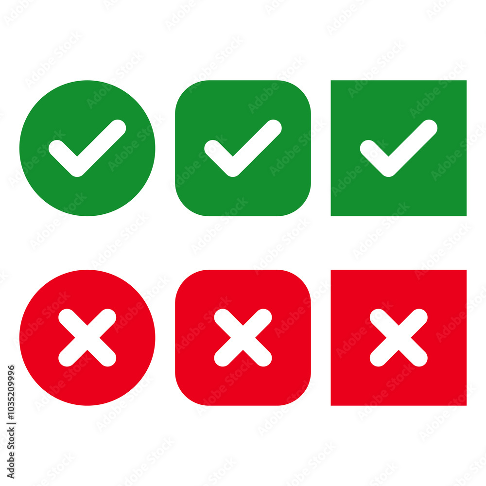 Right and wrong icon set. Green checkmark and red cross mark symbol. Solid icons vector collection. Right and wrong icon set. Green checkmark and red cross mark symbol. Solid icons vector collection.