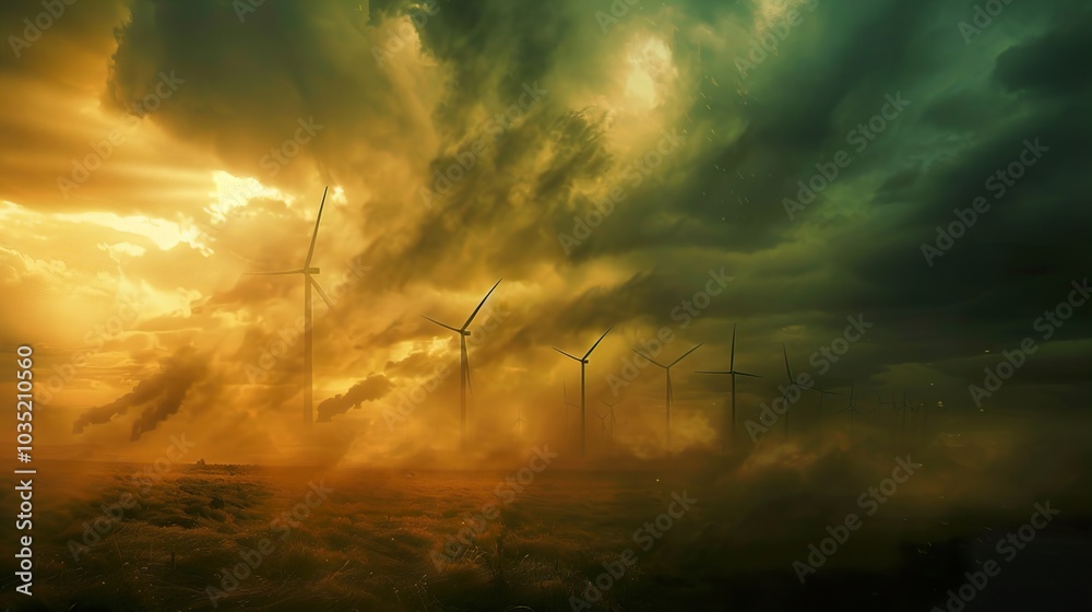 Fototapeta premium Wind Turbines in a Dramatic Sky: A Symbol of Renewable Energy