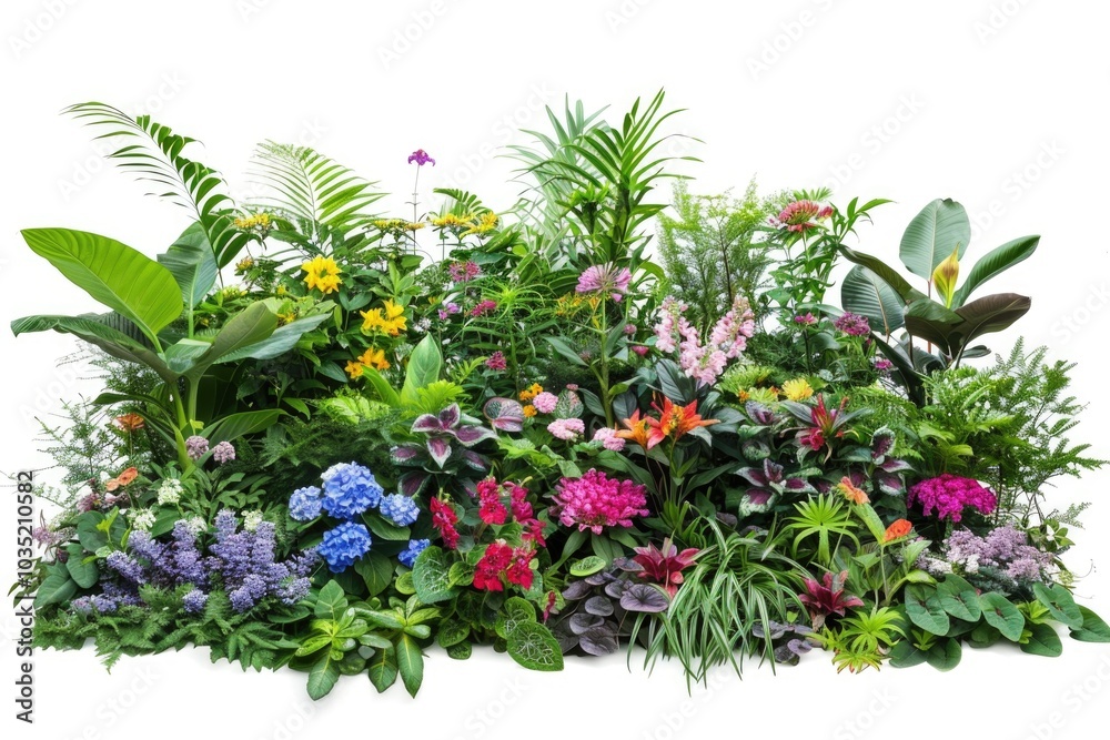 Naklejka premium A selection of various plants and flowers arranged on a white surface