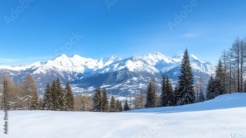 Snow-covered mountains and evergreen trees under a clear blue sky, capturing the serene beauty of a winter landscape in the Alps.
