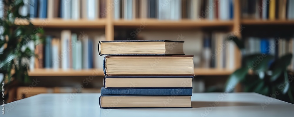 Cropped image of a white table showcasing books and stationery, featuring clear copy space, with a gently blurred study room in the background for a warm feel Cropped image of a white table showcasing books and stationery, featuring clear copy space, with a gently blurred study room in the background for a warm feel