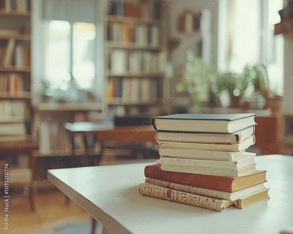 Cropped shot of a white table with stacked books and stationery, featuring ample copy space, set against a blurred study room background for a cozy ambiance Cropped shot of a white table with stacked books and stationery, featuring ample copy space, set against a blurred study room background for a cozy ambiance