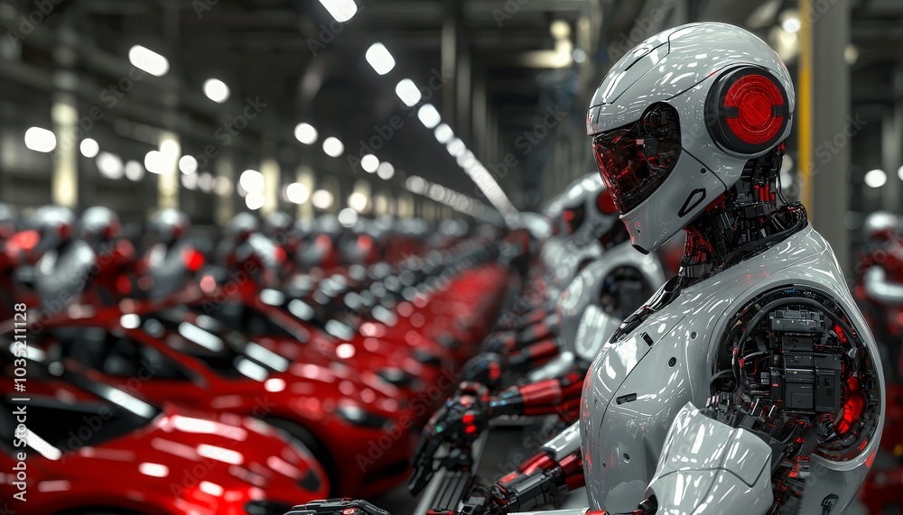 The image features futuristic robots in a factory, alongside rows of sleek red sports cars, showcasing advanced technology and automation in automotive production. The image features futuristic robots in a factory, alongside rows of sleek red sports cars, showcasing advanced technology and automation in automotive production.