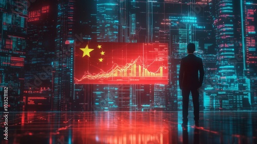 A businessperson standing in front of a digital trading platform, economic growth, stock market chart,  china finance and economy.