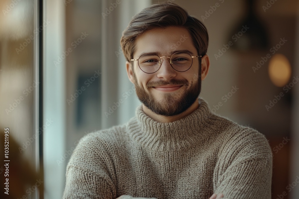 Naklejka premium A man wearing glasses and a sweater smiles, suitable for use in editorial or commercial contexts