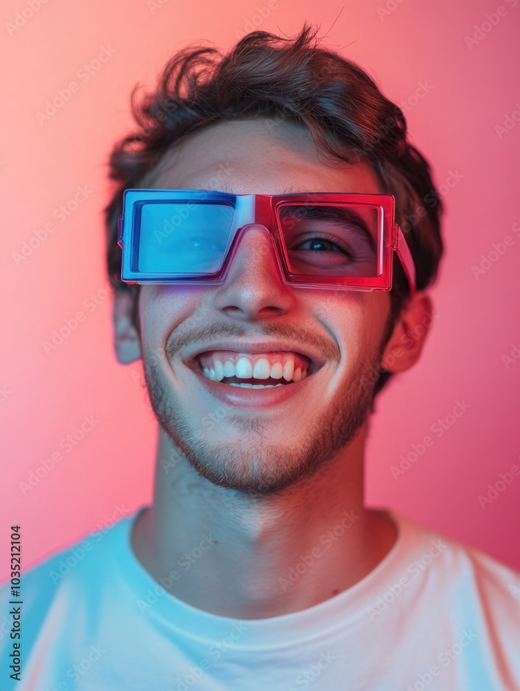 Happy Hipster with Rainbow Goggles and Pink Wall Happy Hipster with Rainbow Goggles and Pink Wall