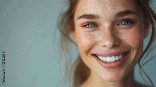 Smiling young woman with natural beauty and freckles.