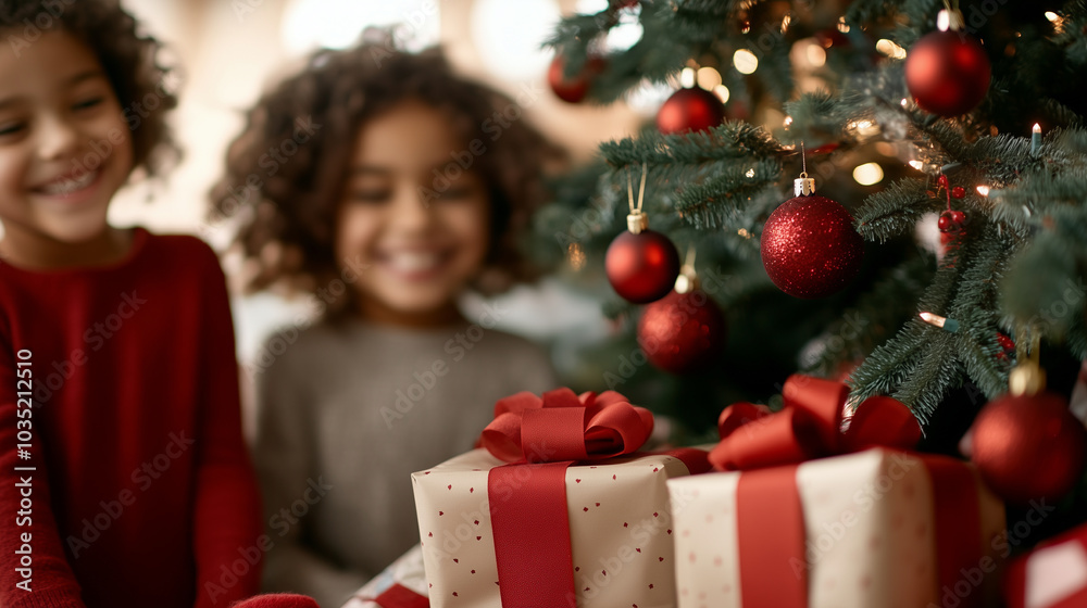 Family placing wrapped gifts under a beautifully decorated tree, smiles and satisfaction, gift wrapping, tradition, family, joy Family placing wrapped gifts under a beautifully decorated tree, smiles and satisfaction, gift wrapping, tradition, family, joy