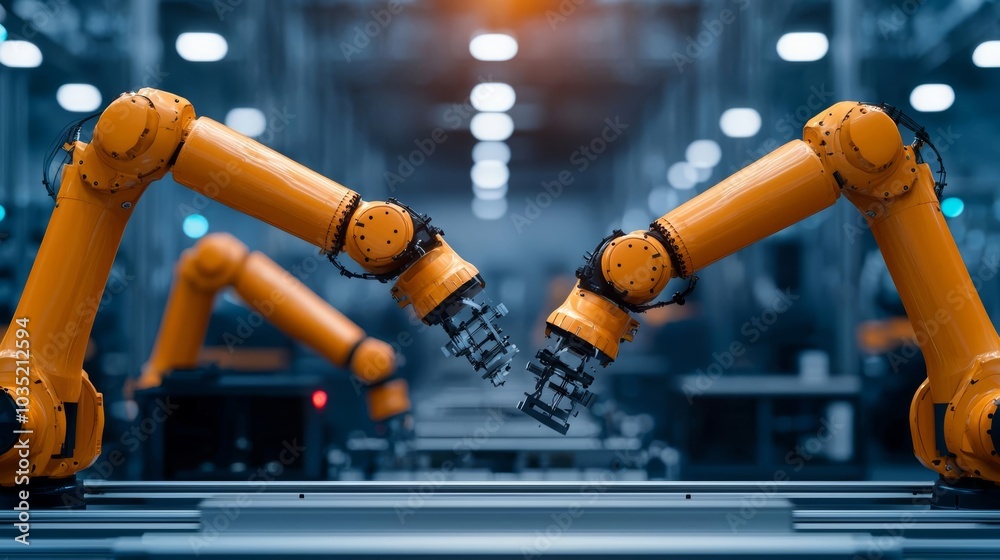 Large industrial robots moving automotive parts on a production line, automotive robotics, high-tech manufacturing Large industrial robots moving automotive parts on a production line, automotive robotics, high-tech manufacturing