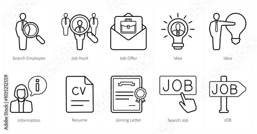 A set of 10 Human Resources icons as search employee, job hunt, job offer