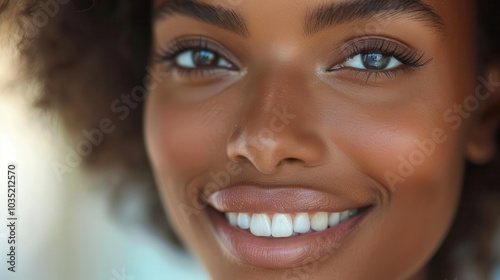 Close-up of a smiling woman with beautiful, glowing skin.