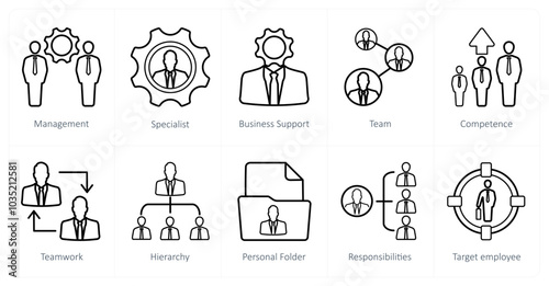A set of 10 Human Resources icons as management, specialist, business support