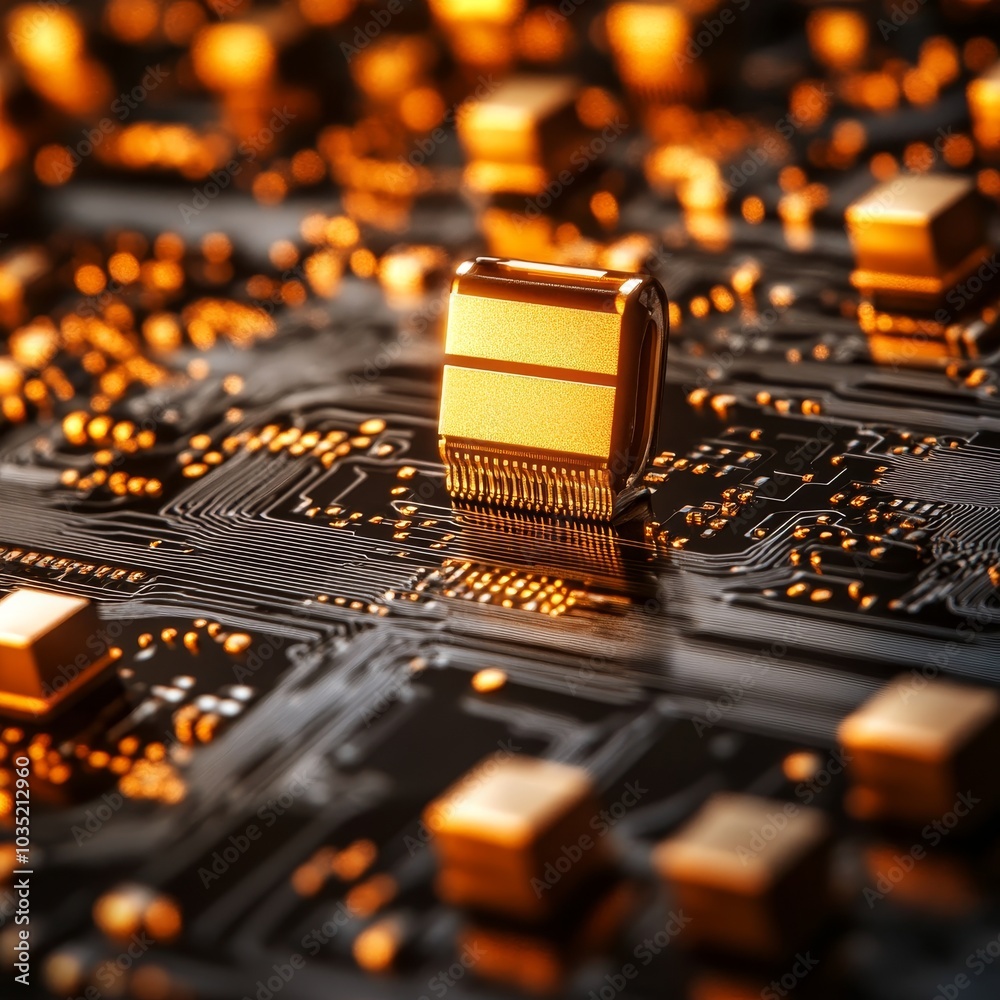 Golden CPU Chip On The Mainboard A Concept Of Technology, Computers, And Electronics. Golden CPU Chip On The Mainboard A Concept Of Technology, Computers, And Electronics.