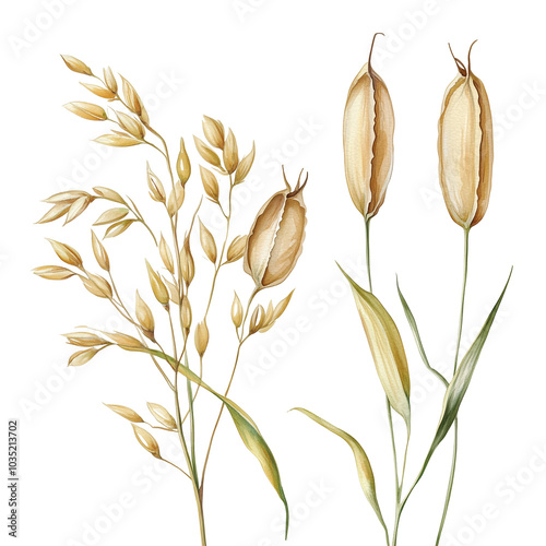 Botanical Watercolor Illustration of Oat Grains in Vintage Scientific Style on Isolate Background, Png