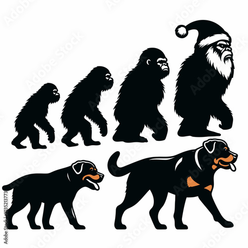 A humorous depiction showing the evolution from primates to a Santa-bearded figure, alongside various dog breeds, blending themes of humor and animals.