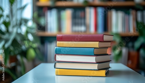 Closeup of a white table adorned with colorful books and stationery, offering clear copy space and complemented by a blurred study room backdrop for a tranquil vibe