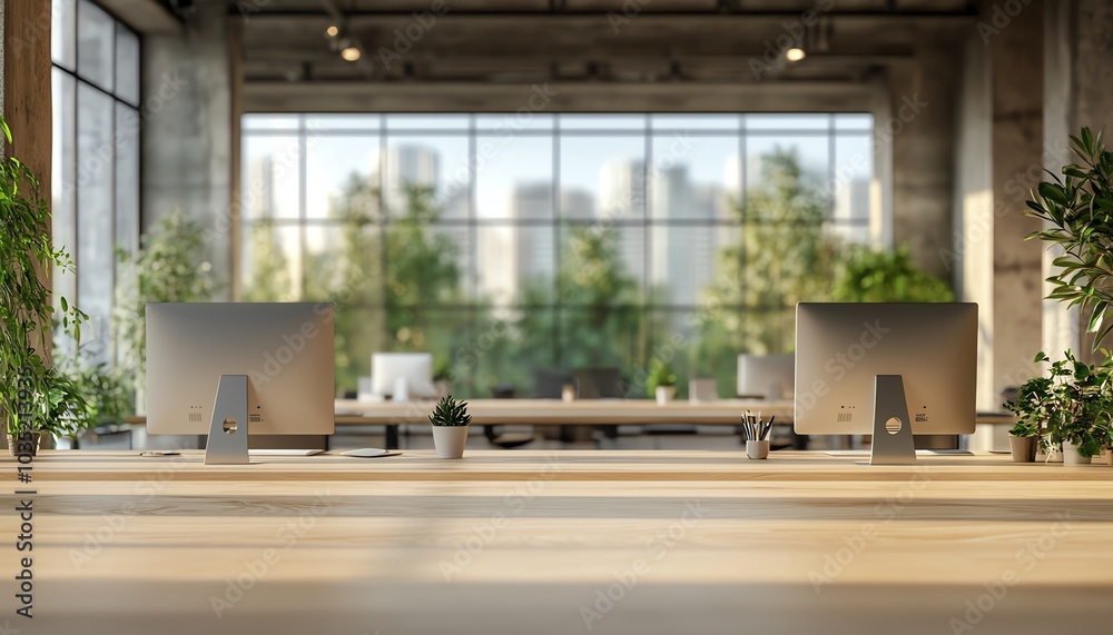 Contemporary open office layout devoid of people, highlighted by blurred bokeh lighting, stylish tables, ergonomic chairs, and computers promoting a sustainable office environment