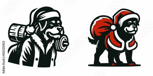 Two cartoonish dogs in festive attire, one as a winter traveler and the other in a Santa costume, embodying holiday cheer and adventure.