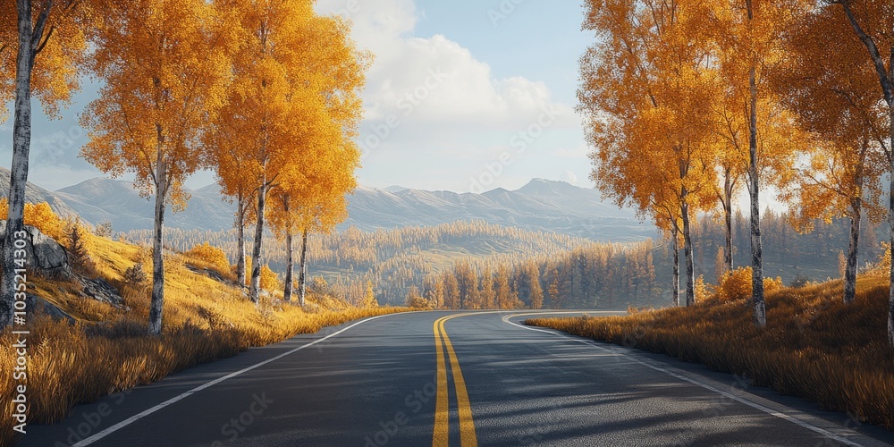 Fototapeta premium Sunny autumn highway lined with golden trees, leading towards distant mountain ranges