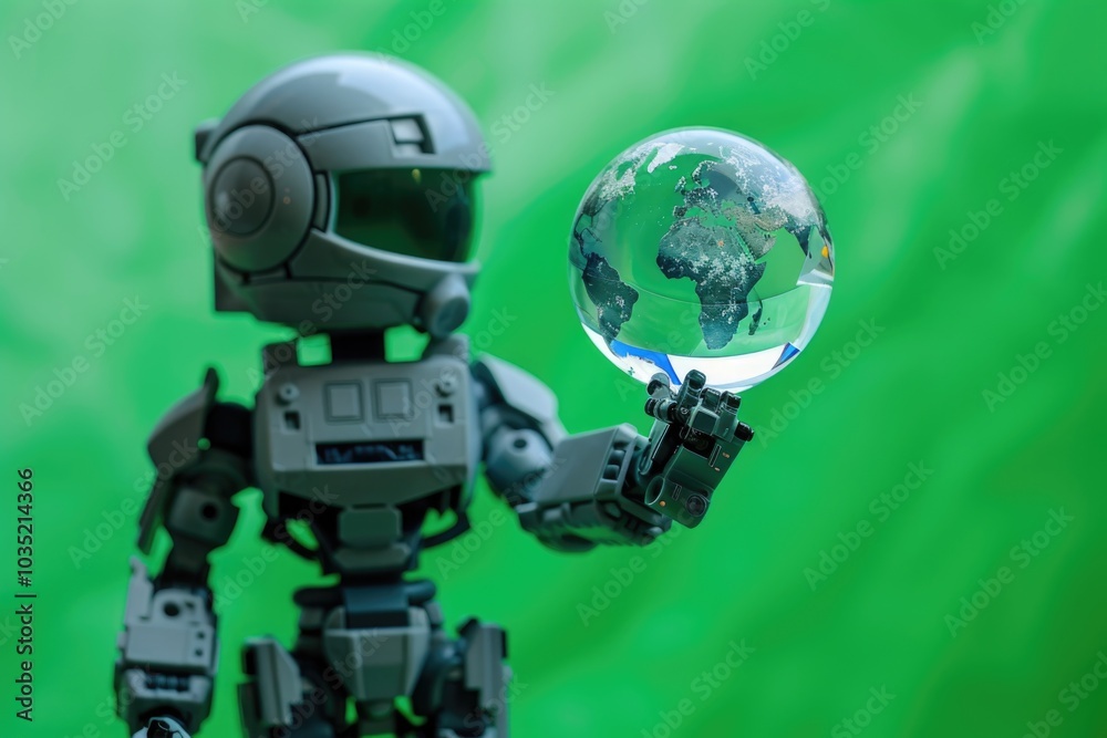 Naklejka premium A small toy robot holding a crystal ball, great for fantasy or sci-fi scenes