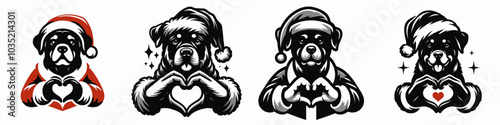 Four cute dog illustrations wearing Santa hats, each forming a heart shape with their paws, perfect for holiday-themed designs.
