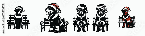 The image features four stylized dogs in Christmas attire sitting on benches, each with a festive, playful expression.