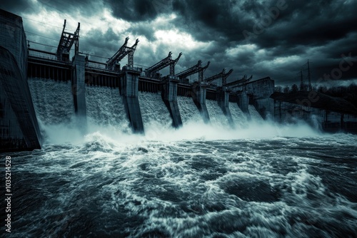 A hydroelectric dam during a rainstorm, with water rushing through the spillways and dark clouds gathering overhead photo