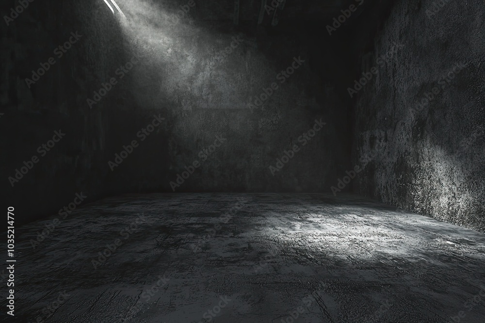 Dark, empty room interior with a concrete wall and floor