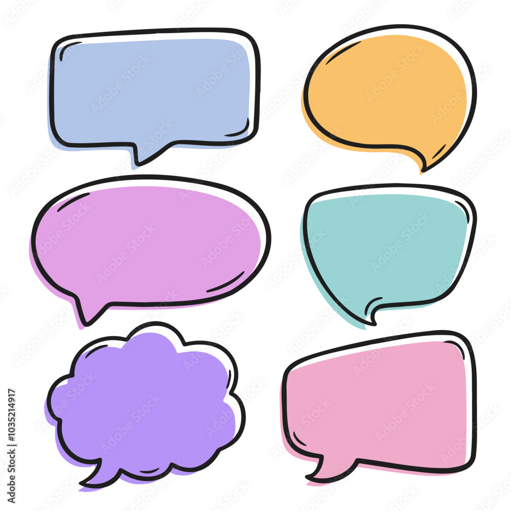 A set of colorful hand drawn speech bubbles in various shapes and sizes. Perfect for digital designs, social media graphics, and comic style illustrations. A set of colorful hand drawn speech bubbles in various shapes and sizes. Perfect for digital designs, social media graphics, and comic style illustrations.