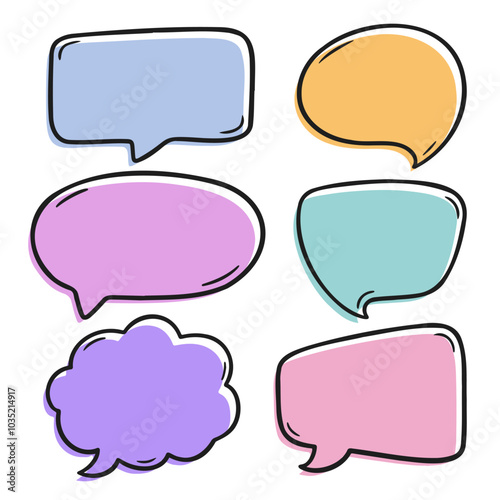 A set of colorful hand drawn speech bubbles in various shapes and sizes. Perfect for digital designs, social media graphics, and comic style illustrations.