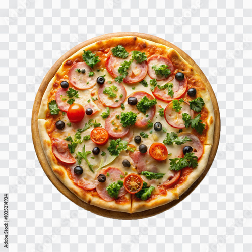 delicious pizza with ham and bacon slices, mozzarella cubes, tomatoes, bell pepper png design 