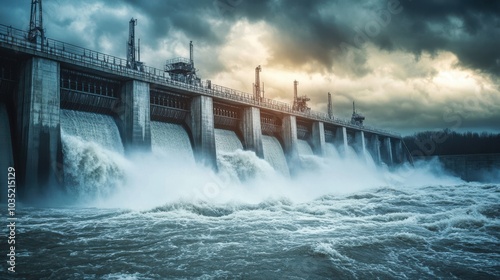 A hydroelectric dam during a rainstorm, with water rushing through the spillways and dark clouds gathering overhead