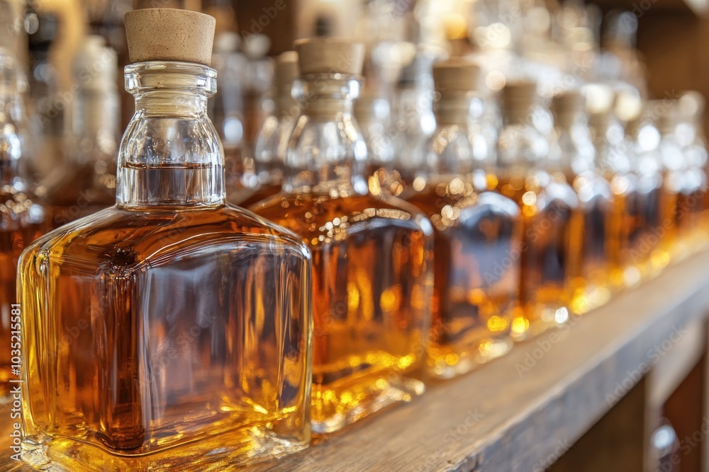 A collection of whiskey bottles on a rustic wooden table, perfect for use in bar or restaurant scenes A collection of whiskey bottles on a rustic wooden table, perfect for use in bar or restaurant scenes