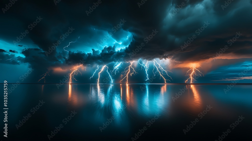 Fototapeta premium A stunning display of lightning striking over a calm water surface, showcasing a dramatic sky filled with dark clouds and vivid colors.