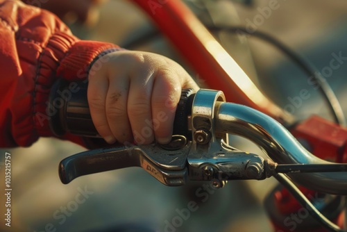 A close-up shot of a person's hand grasping the handlebars of a bicycle, perfect for illustrating concepts related to transportation, travel or adventure photo