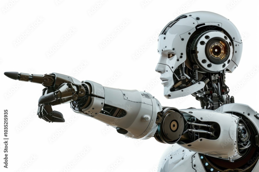 A close-up view of a robot pointing at something, often used in technology and futuristic themed designs