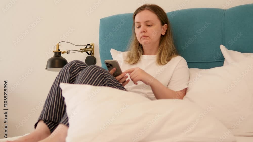 A woman is comfortably using her smartphone while relaxing in bed at her cozy home space A woman is comfortably using her smartphone while relaxing in bed at her cozy home space