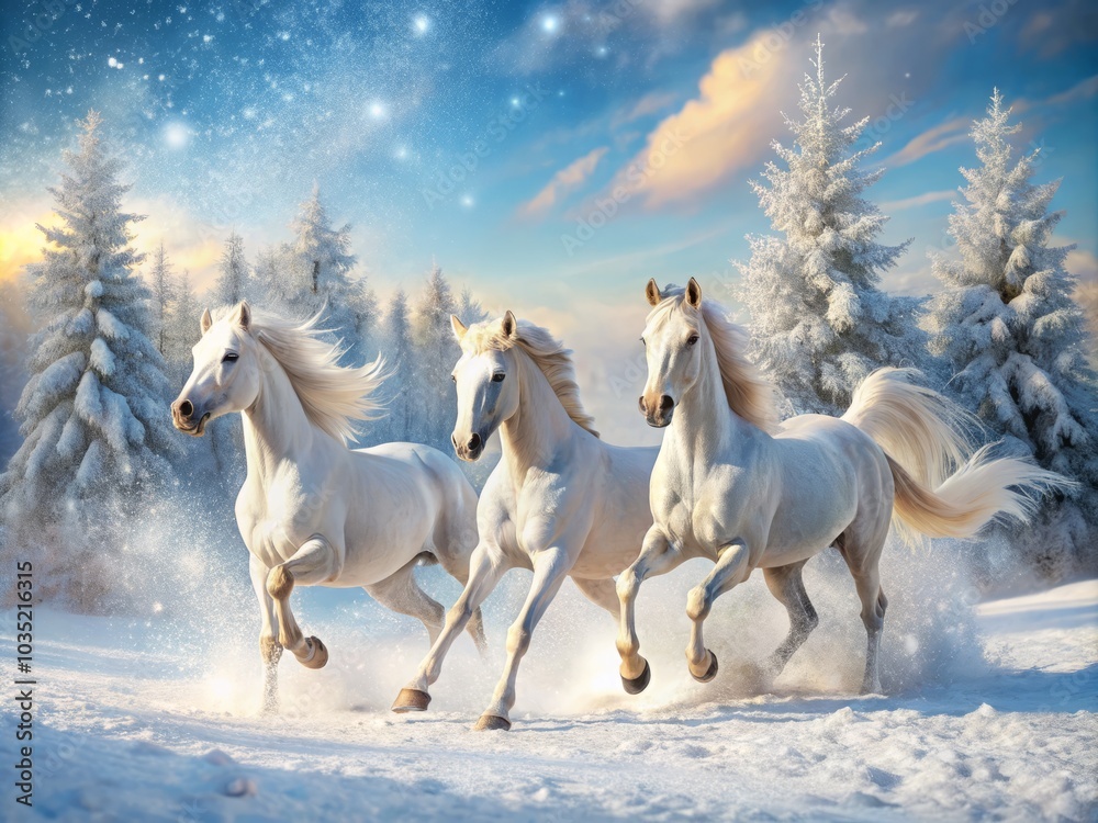 Galloping white horses traverse a lush, snow-covered field, embodying a captivating winter wonderland, where majestic landscapes meet the tranquility of scenic nature photography. Galloping white horses traverse a lush, snow-covered field, embodying a captivating winter wonderland, where majestic landscapes meet the tranquility of scenic nature photography.