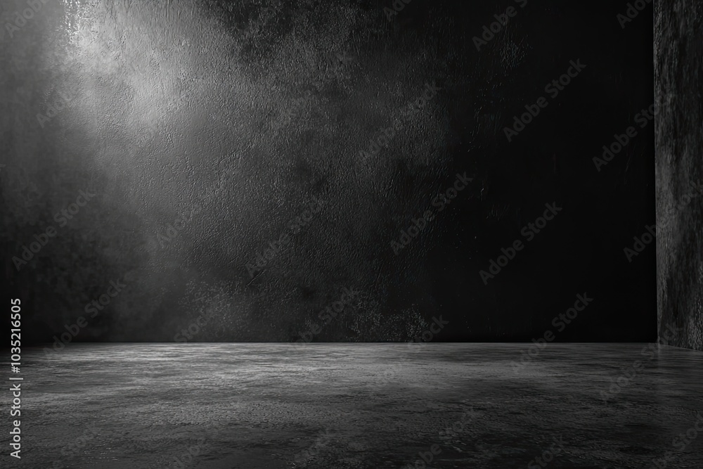 Dark, empty room interior with a concrete wall and floor Dark, empty room interior with a concrete wall and floor