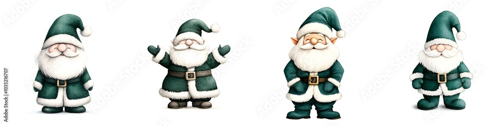 Fototapeta premium Charming gnome adorned in a deep emerald Santa-style coat, whimsical design, festive spirit, enchanting holiday decor