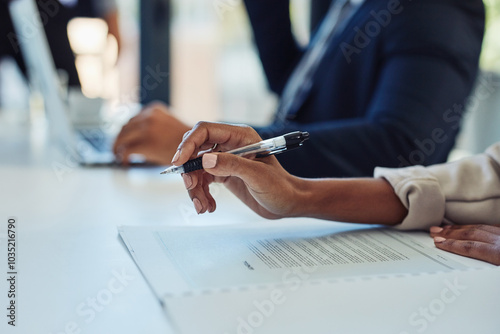 Εκτύπωση καμβά Hands, pen and business person with contract in meeting for agreement, deal or legal paperwork
