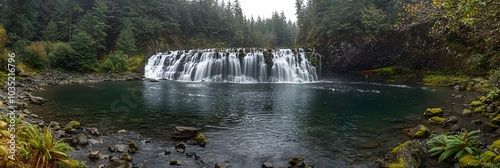 Serene waterfall cascading into a crystal clear natural pool surrounded by lush ferns and mossy rocks in a tranquil forest setting  The calming reflective waters and verdant