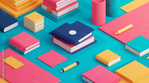 Colorful Geometric Books and Stationery on Blue Background