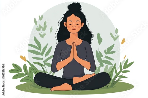 Vector illustration of a woman meditating with folded hands in a peaceful garden setting symbolizing mindfulness gratitude and inner peace in a calm spiritual environment