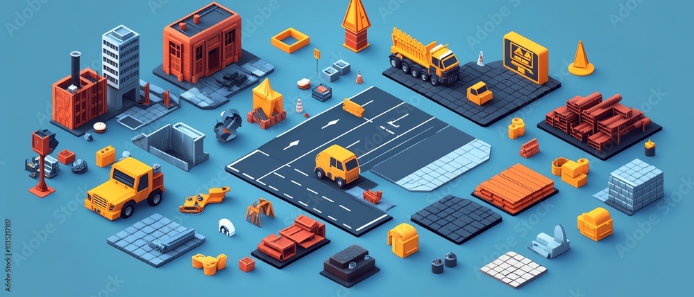 Obraz premium Flat 3D isometric design of road construction elements with road tiles icons, suitable for online games and infographics featuring iconic buildings and landmarks