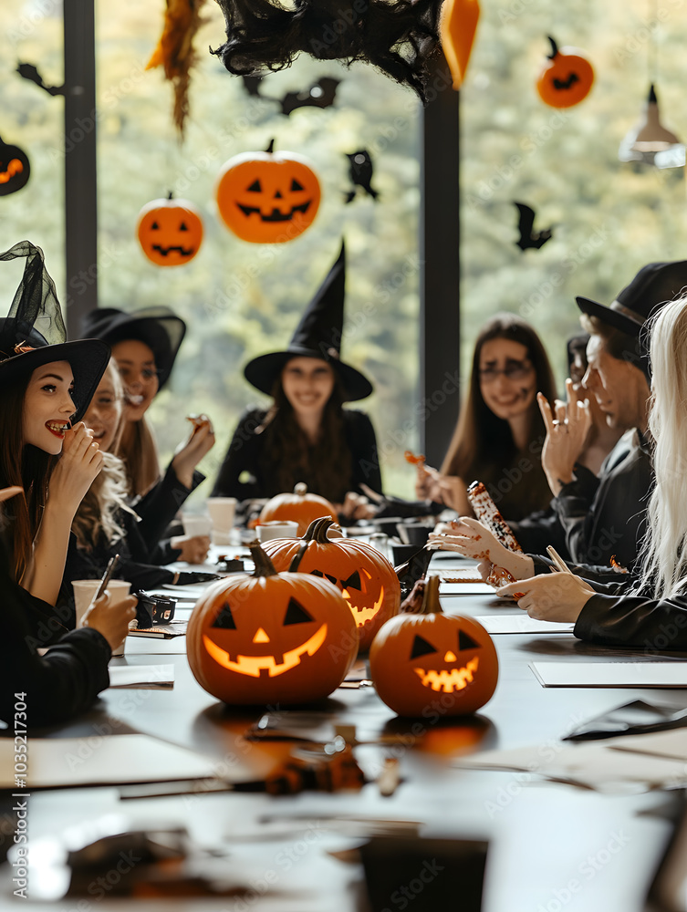 Fototapeta premium Vibrant Halloween Celebrations Featuring Teenagers, Couples, Families, and Businesspeople in Spooky Settings